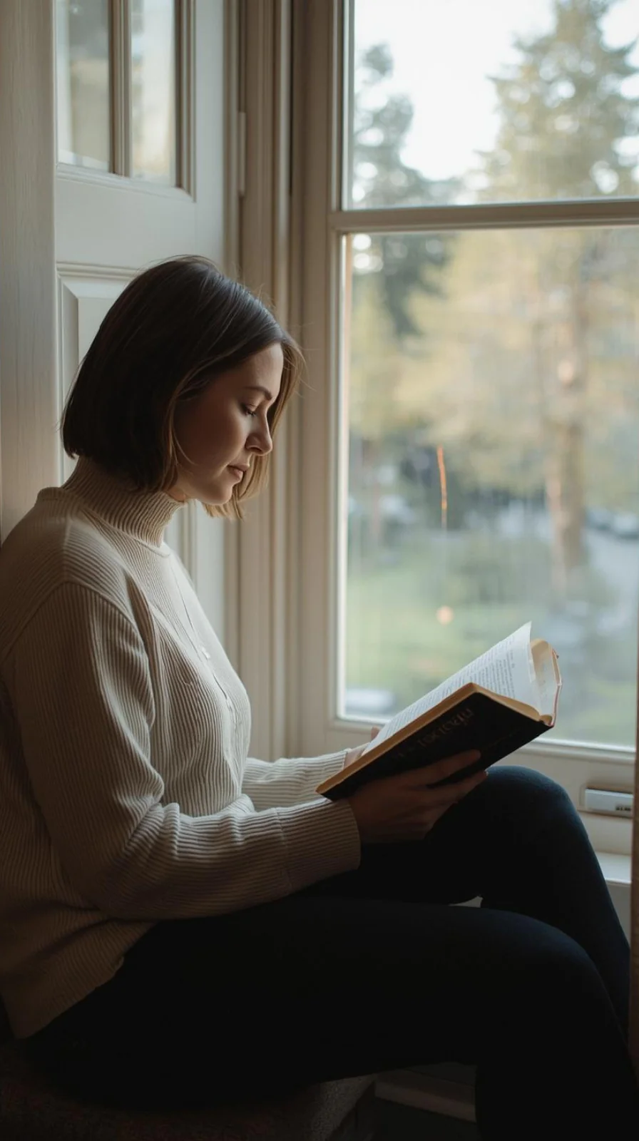 Mujer leyendo un libro junto a una ventana con luz natural