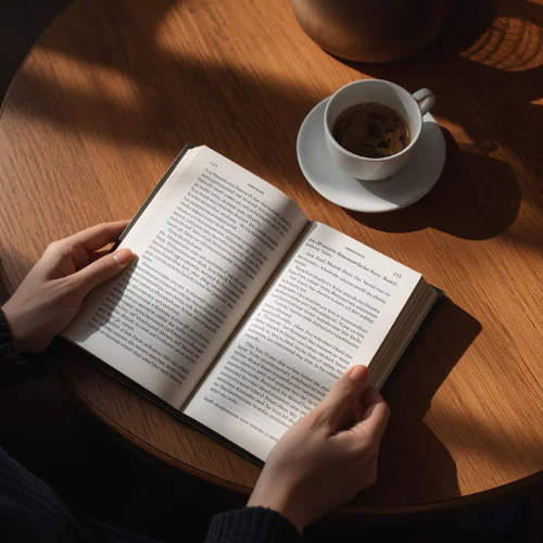 Leyendo biblia con un café