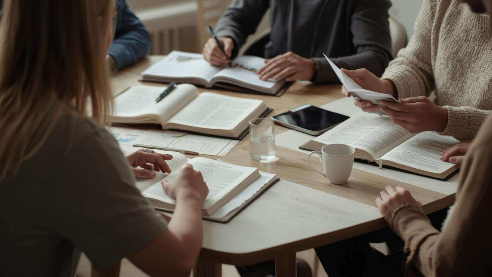 Personas trabajando juntas en la construcción de un proyecto editorial cristiano