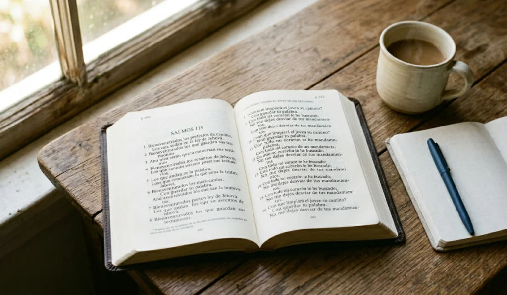 Leyendo la biblia tomando un café y haciendo anotaciones.