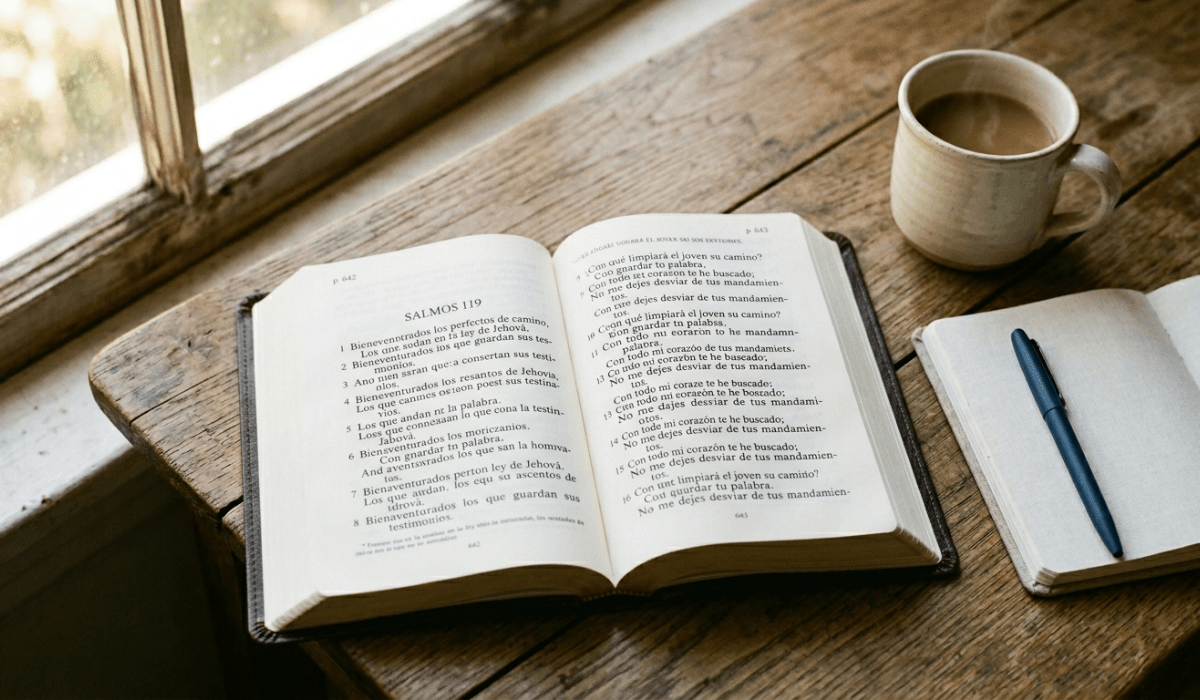Leyendo la biblia tomando un café y haciendo anotaciones.